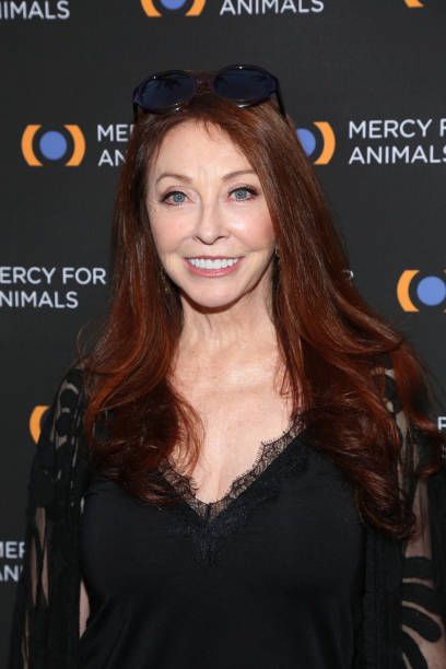a woman with long red hair smiles at the camera as she poses for a portrait. she is wearing a black lace dress and has on a pair of sunglasses. the background is a dark black with mercy for animals logo,  "mercy for animals" printed on the wall, suggesting this image was taken at an event.  the woman looks glamorous and elegant.