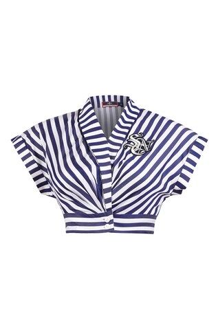 a blue and white striped blouse with short sleeves, a vneck, and a decorative brooch.