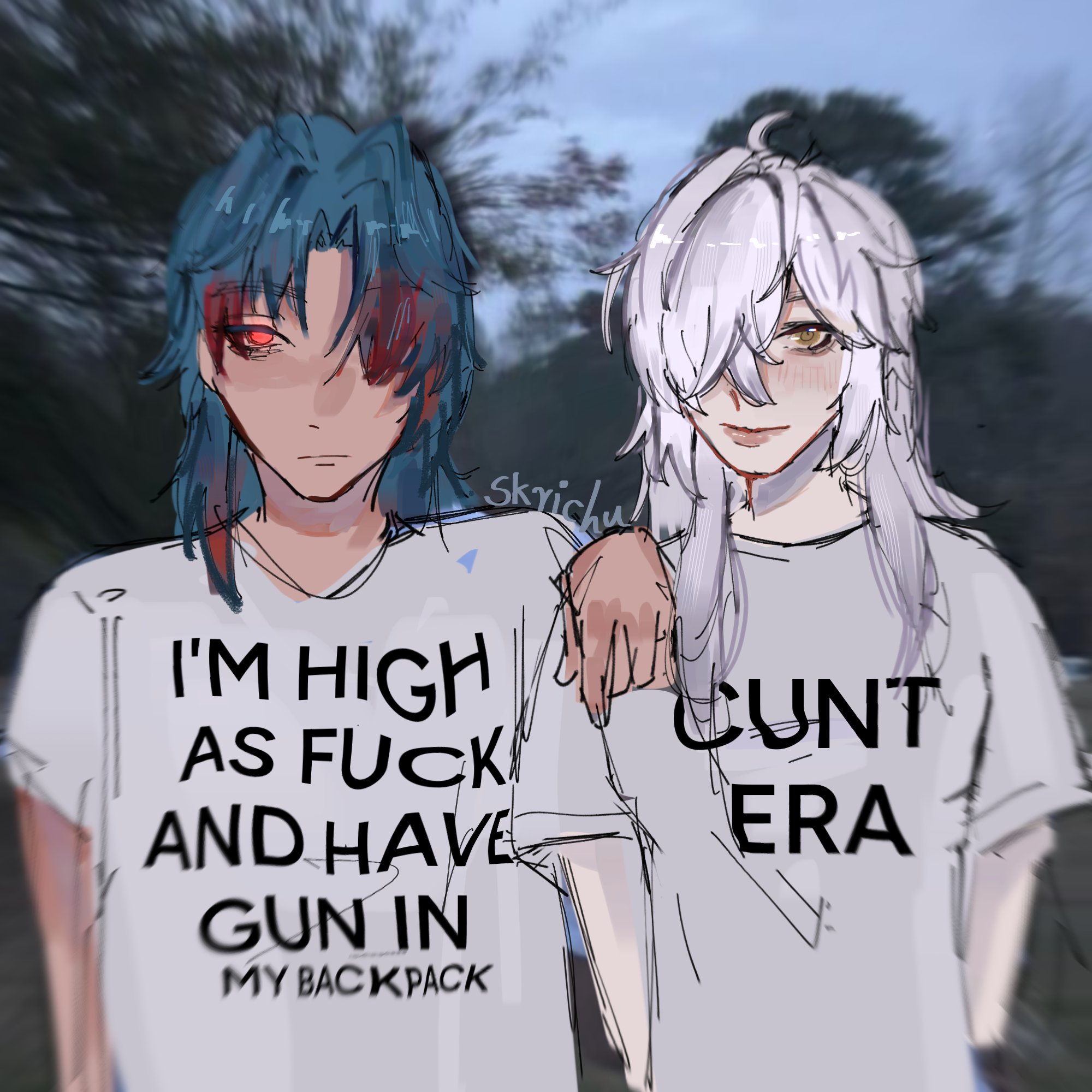 this is a digital drawing of two anime boys standing outside. they are both wearing white shirts with black text on them. the boy on the left has blue hair and a red eye, and is wearing a shirt