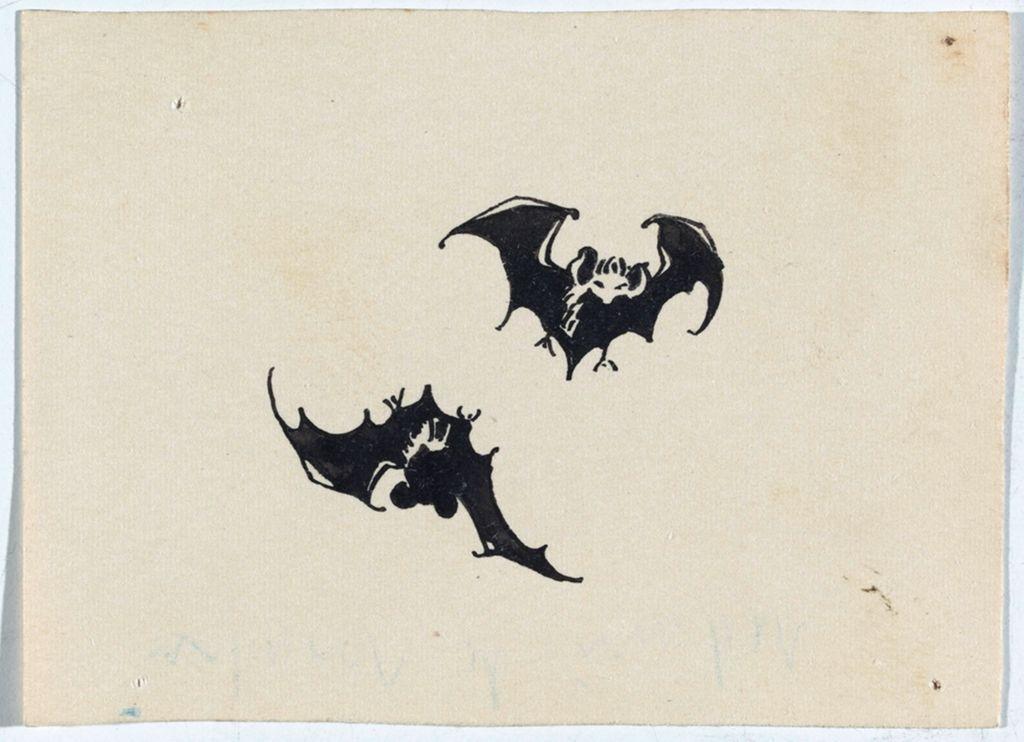 he image shows a simple drawing of two bats.  they are rendered as black silhouettes against an offwhite background.  the style suggests a vintage or possibly halloweenthemed design.  one bat is positioned in a more spreadwing pose, while the other is shown in a more dynamic flight posture. the drawing is executed in ink or a similar dark medium.  the paper shows some minor signs of age or handling.