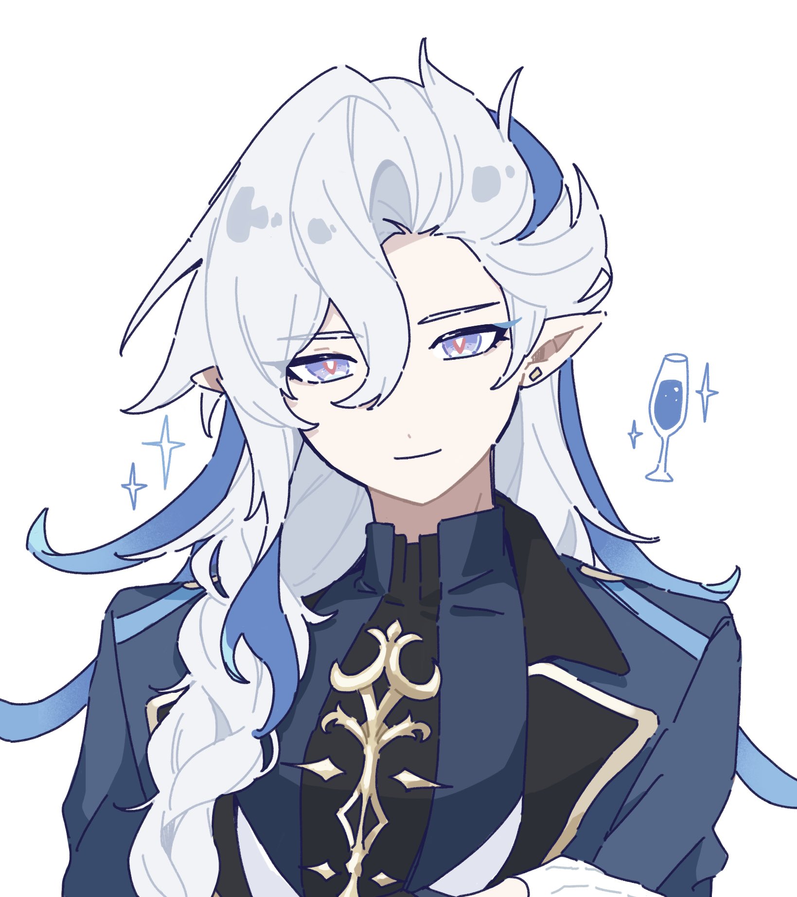 a digital drawing of scaramouche from genshin impact. he's depicted with his signature long white and blue hair, wearing an elegant dark blue jacket with gold accents.  the style is animeinfluenced, with a soft, slightly stylized aesthetic. a small champagne glass is featured in the background, suggesting a celebratory or sophisticated context.  the character's expression is calm and slightly smirking.
