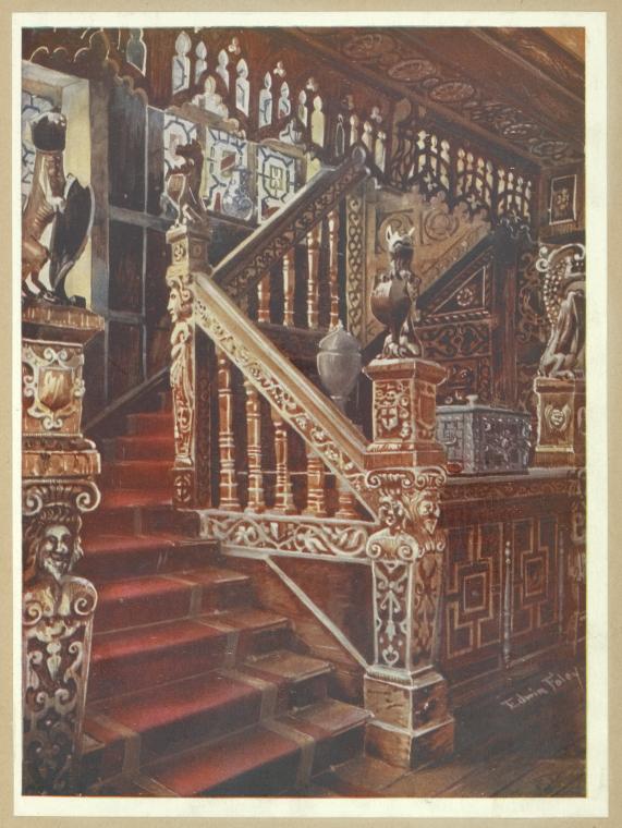 a painting of a grand staircase with intricate wood carvings and a red carpet. the staircase is adorned with ornate carvings of figures and decorative elements. the balustrade is made of wood with intricately carved details. the stairs are covered with a red carpet. the overall impression is of a historical and ornate interior.