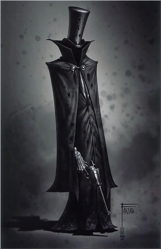 a digital illustration of a tall, dark, and mysterious figure with a top hat and cloak. he is holding a gun in his right hand. the figure is standing in a shadowy environment and has a grim reaper like appearance. the art style is gothic and macabre. the image is full of mystery and intrigue.