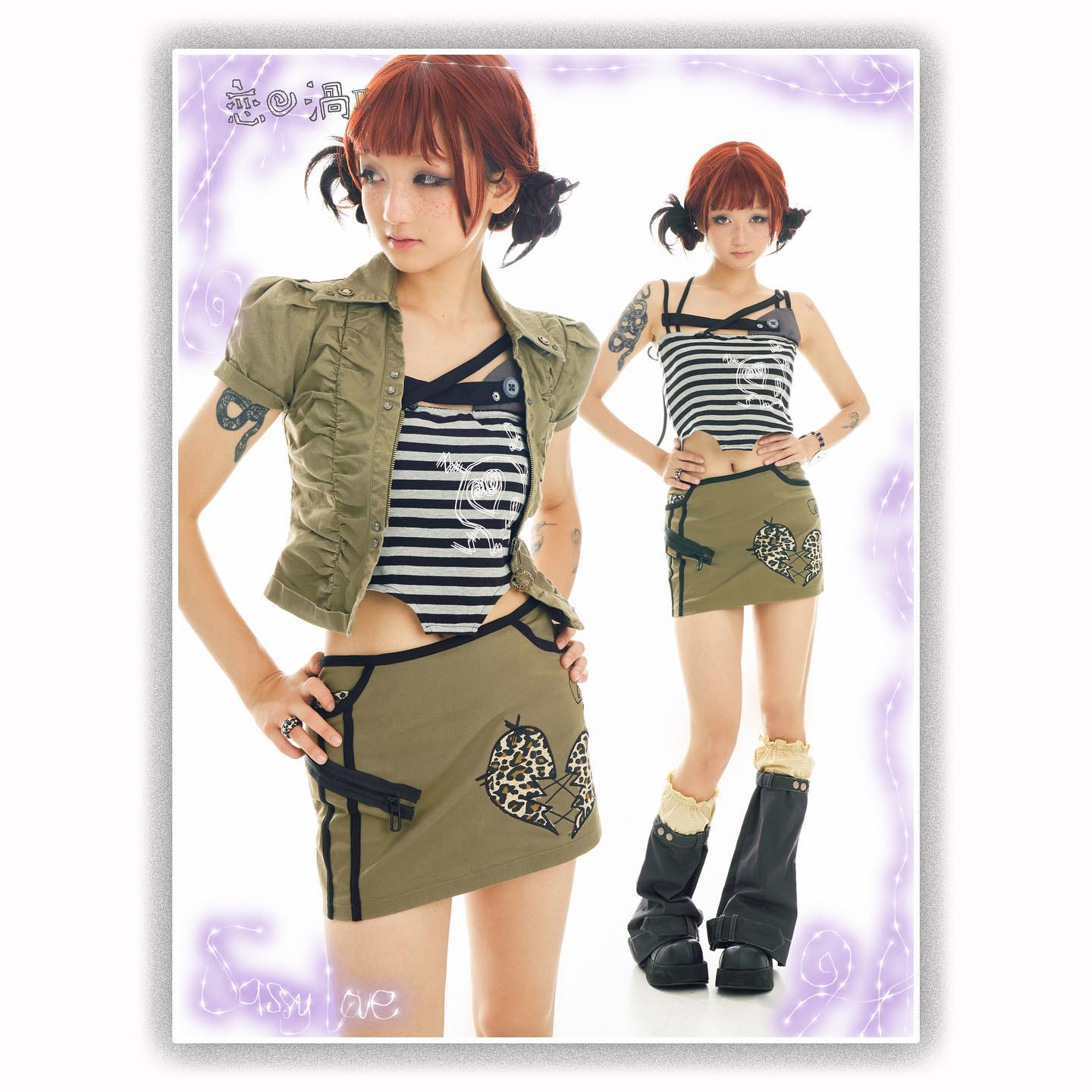 the image showcases two views of a fashion model wearing a stylish outfit. the main focus is on a young woman with reddishbrown hair styled in a somewhat punkinspired bob with short bangs. she is wearing an olive green militarystyle shortsleeved jacket over a black and white horizontally striped top, and a matching olive green mini skirt with a  leopard print and distressed heart detail. the skirt has a zipper detail, and the style leans toward punk or alternative fashion with a touch of japanese street style elements. the model is wearing black boots. a secondary smaller image shows the same outfit from the back on a second model, offering another view of the outfit. the background is white with a light purple decorative border, which includes some japanese text.  the overall aesthetic blends elements of punk, harajuku fashion, and alternative styles. the brand name "sassy love" is visible.