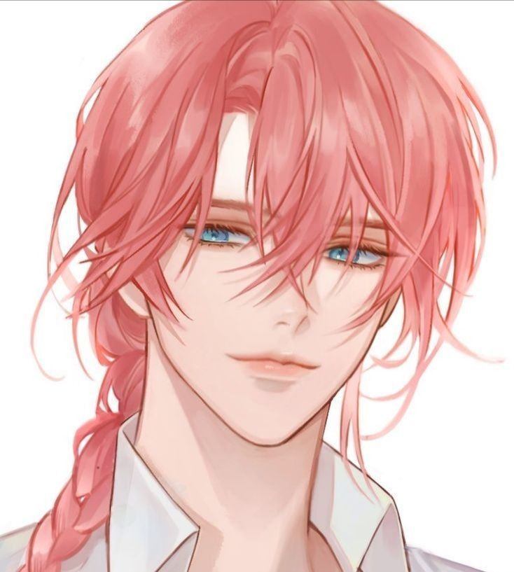 the image is a closeup portrait of an animestyle young man. he has long, light pink hair styled with a braid down one side, and soft, wispy bangs. his eyes are a striking blue, and his skin is pale. he's wearing a white collared shirt, and has a subtle, almost unnoticeable light pink headband.  his expression is gentle and serene. the overall style is soft and delicate, with pastel colors dominating the image. the art style is typical of modern anime or manga illustrations, with a focus on clean lines and soft shading.