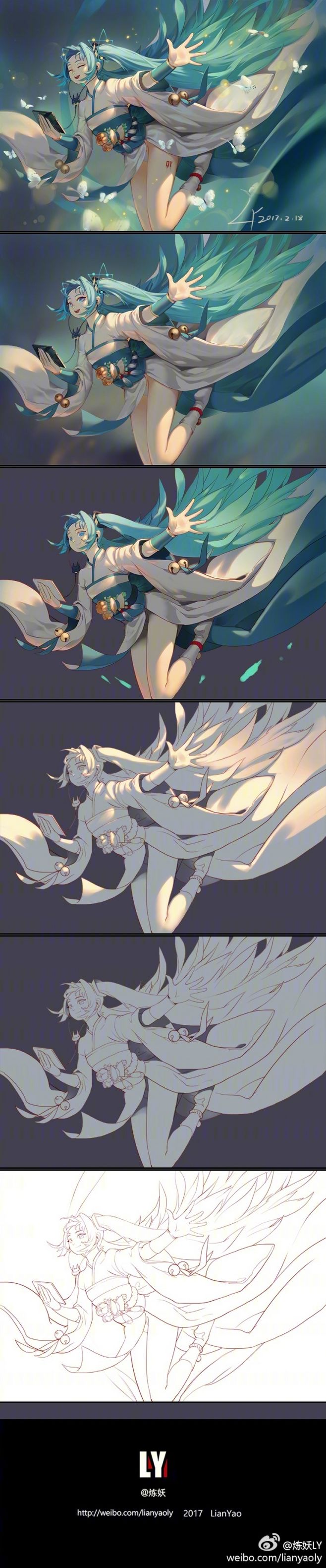 this image shows the process of creating a digital drawing of an ethereal anime girl. the steps go from rough sketch to fully colored digital art, showcasing the artist's process. the image depicts a female figure with flowing blue and green hair, adorned with white wings and a flowing dress. the artwork has a whimsical and fantasy feel, creating an abstract and magical concept art piece.