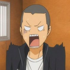 the image features a closeup portrait of a young anime boy with a shaved head. he's depicted in an intense state of anger, his mouth wide open in a shout. his eyebrows are furrowed, and his eyes are wide with white pupils, emphasizing his rage. a single vertical scratch mark is visible on his cheek. he wears a simple white tshirt under an open black jacket with silver accents. the background suggests an indoor setting, possibly a room with a light orange wall. the overall color scheme leans towards warm tones.