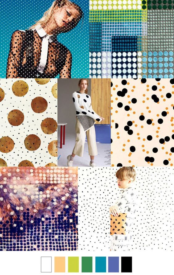 an image of a mood board featuring various polka dot patterns with women and a kid. the board shows different colors and styles of polka dot prints. the mood board is also accompanied by a palette of colors extracted from the image.