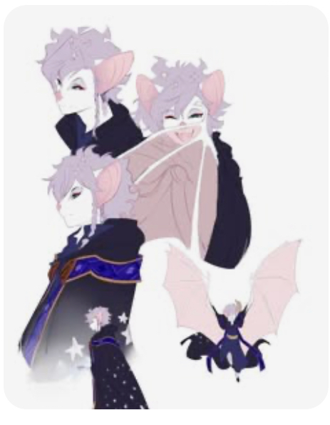 the image is a digital art piece featuring three adorable batlike characters. the main character is a white bat with purple hair and wings, wearing a black cloak with a blue sash. the character is flying with a playful grin, wings spread out.  behind this character are two other similarlooking bat characters, both with purple hair and wings. one is in a more serious expression, while the other is smiling with a mischievous look in their eyes. the image is rendered in a cartoon style with soft, pastel colors, evoking a whimsical and ethereal atmosphere.