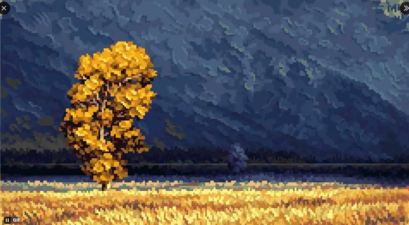 the image is a pixel art rendering of a serene autumnal landscape. a single, vibrant yellow tree stands prominently in the foreground of a golden field, contrasting against a backdrop of dark blue, almost stormy, mountains.  a body of dark water separates the field from the mountain range. the style is reminiscent of 8bit or lowresolution video game graphics, giving the scene a somewhat retro or vintage feel. the overall mood is calm and contemplative, with the colors and lighting evoking a sense of twilight or sunset.