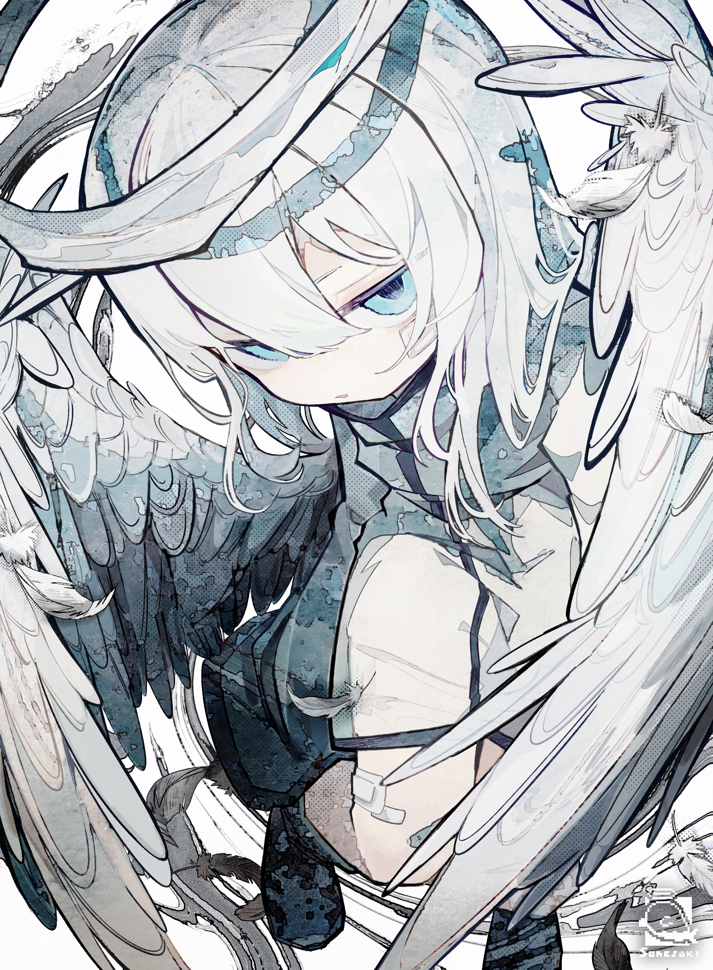 the image showcases a striking, ethereal depiction of an angel girl. rendered in a detailed and intricate anime and manga style, the girl possesses flowing white hair and piercing blue eyes. her expression conveys a sense of wistful sadness or quiet determination. large, intricately drawn white wings sprout from her back, emphasizing her angelic nature. a simple halo floats above her head, further solidifying her celestial identity. the overall aesthetic leans towards a delicate and ethereal feel, with a soft color palette dominated by shades of white, gray, and blue. the closeup perspective draws the viewer's attention to the girl's expressive face and the detailed rendering of her wings.