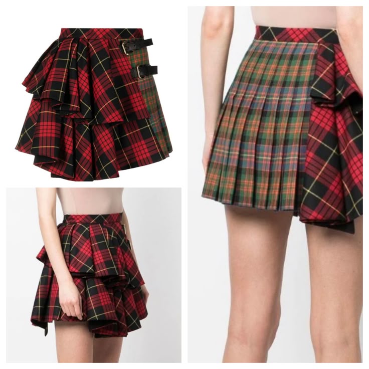 the image contains three pictures of plaid mini skirts. two of the pictures show a red, black, and yellow layered skirt. the other picture shows a skirt that is plaid with pleats. one side of the skirt is red, black, and yellow plaid. the other side of the skirt is green, black, red, and yellow.