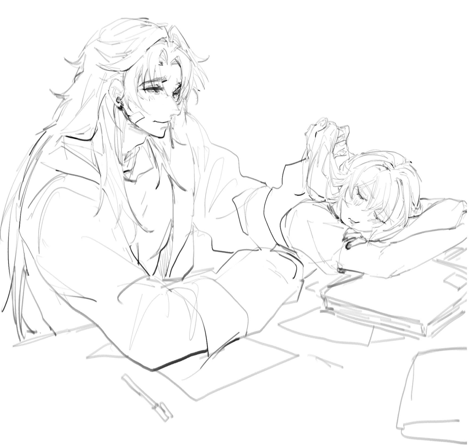 this is a black and white sketch of a man and a woman. the man has long hair and is looking at the woman, who is asleep on a pile of books. they are likely in a classroom or study setting. the man appears concerned or worried about the woman, as he is looking at her with a soft expression. the art style is anime or manga, and the sketch is done in a loose and gestural style.