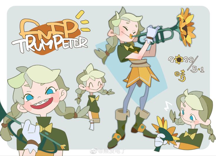 he image is a character design sheet for a cheerful cartoon girl character who is a trumpeter.  the main illustration depicts her playing a trumpet made of a sunflower. there are several other smaller illustrations showing variations of the character in different poses, including one without braces and one holding a sunflower.  the title "emp trumpeter" is prominently displayed at the top.  the style is whimsical and colorful, with a slightly retro aesthetic. a date, 2022/5.1, is included.  the overall impression is a cheerful and playful character design, likely for animation or a similar purpose.