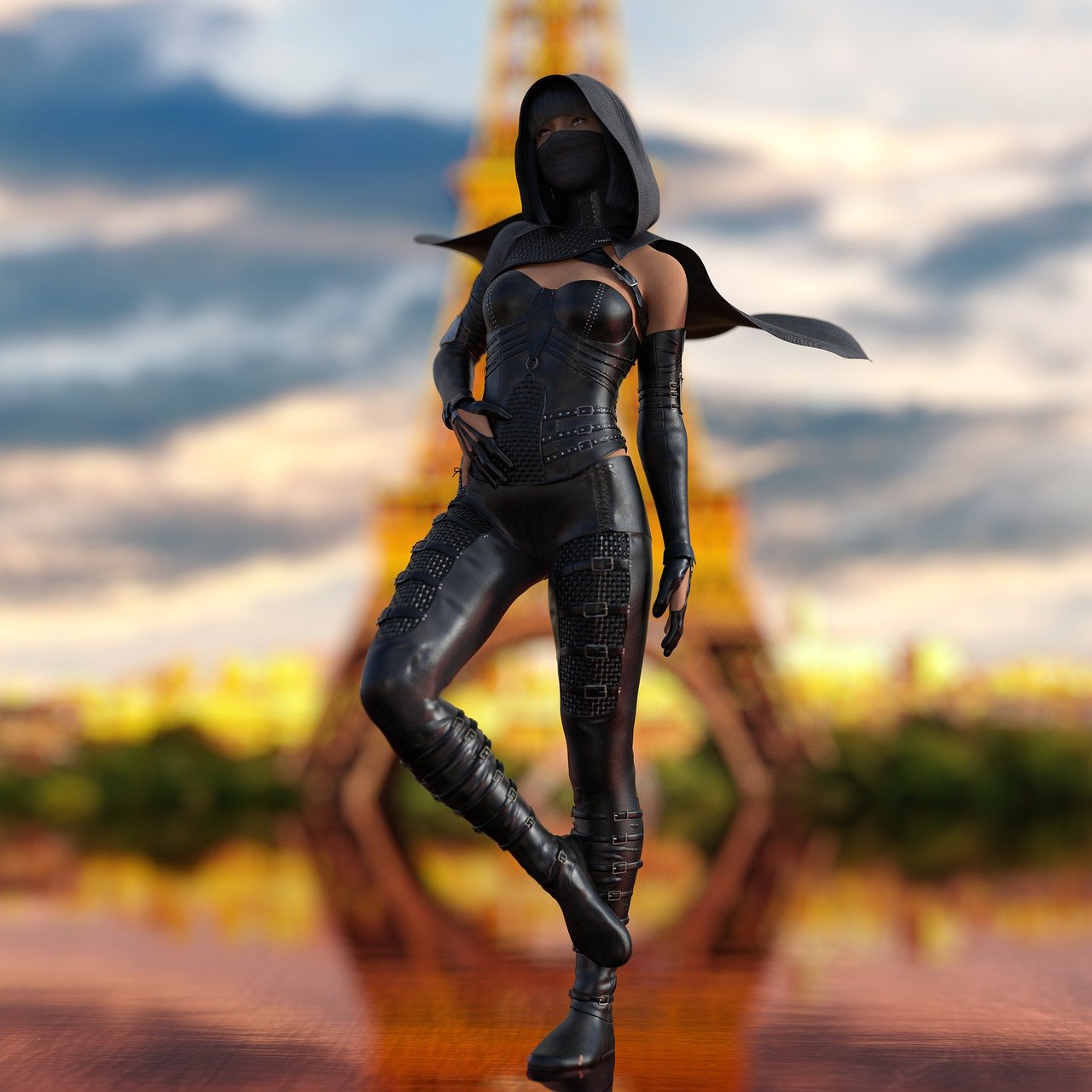 a 3d rendered image of a female ninja assassin in a black leather outfit, including a hood and mask, standing in front of the eiffel tower in paris. the cityscape is reflected in the foreground.