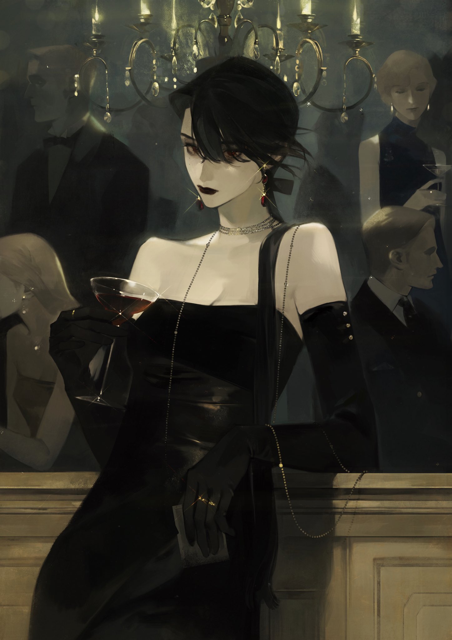 a woman dressed in an elegant black dress and gloves stands at a bar. she holds a cocktail in her hand and her dark hair is pulled back.  a chandelier hangs over the bar, with candles lit on it. the atmosphere is dark and mysterious.