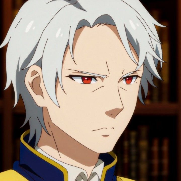 a closeup drawing of an anime character with white hair and red eyes. he has a serious expression on his face and is looking off to the side. the background is a blurry image of a bookshelf.