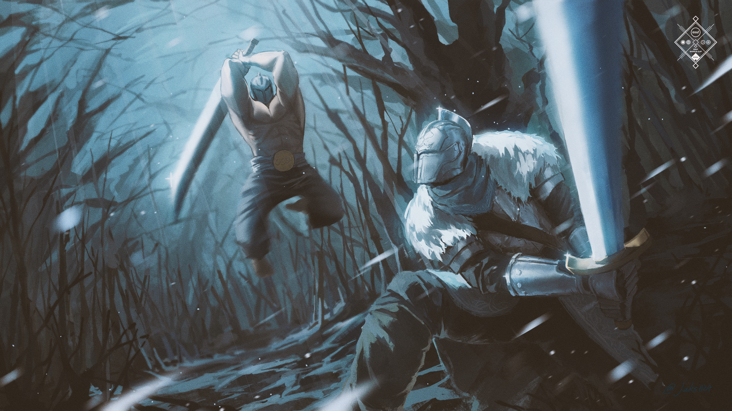 the image depicts an intense battle between a samurai and a knight in a snowy forest. the samurai, clad in dark clothing, leaps through the air with his sword raised, ready to strike.  the knight, wearing heavy armor and a helmet with a wolflike design, crouches low, his own glowing sword held out in defense. the scene is dark and atmospheric, lit by beams of light that pierce through the trees.  the snow on the ground and the bare branches of the trees contribute to the overall sense of coldness and isolation.