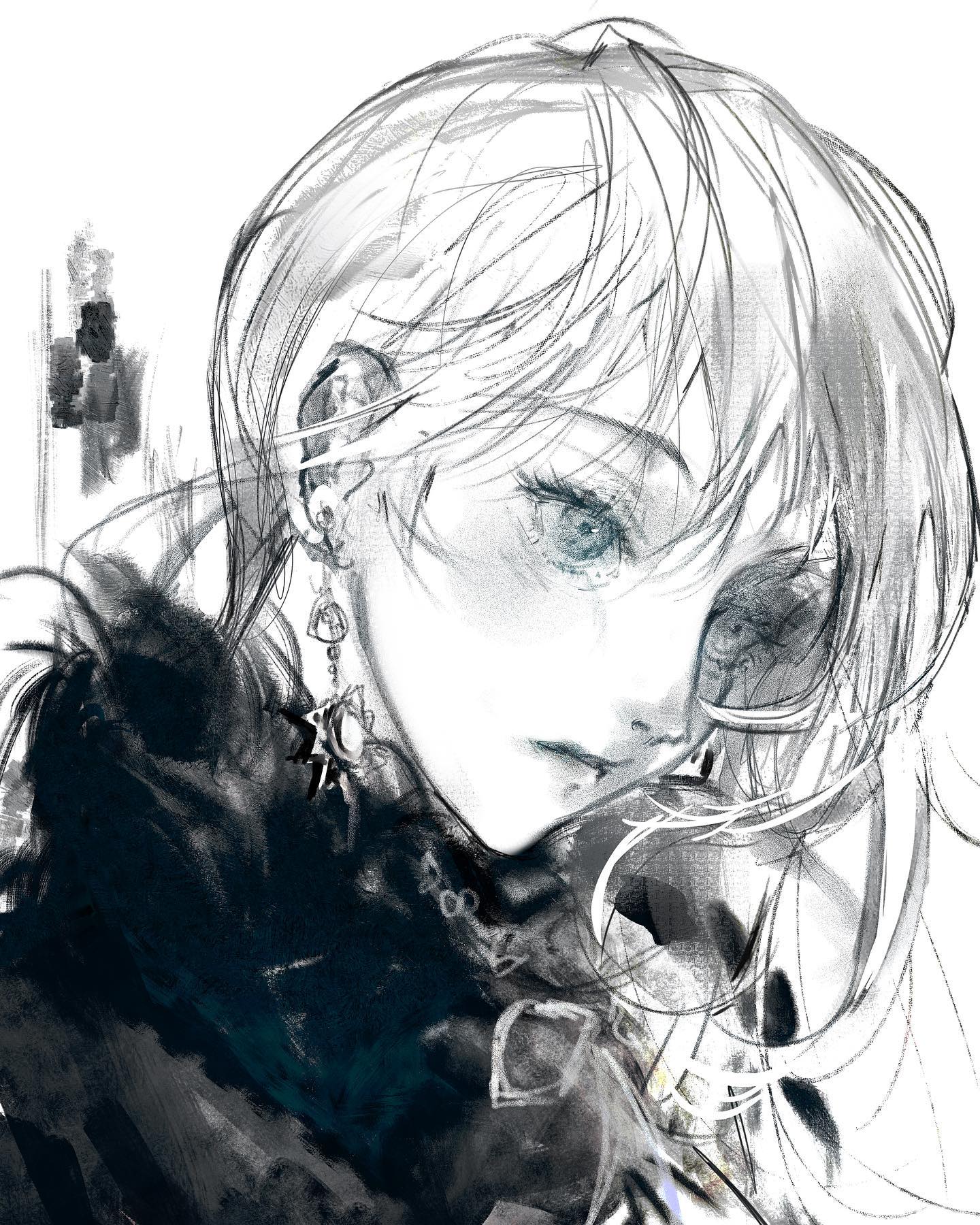 the image is a monochrome, stylized portrait of a young woman.  the style is reminiscent of anime or manga, but with a painterly, almost impressionistic quality. the artist uses a blend of sharp lines and soft, blended strokes, creating a sense of both detail and movement.  the woman has long, flowing hair, and her expression is somewhat pensive or melancholic. she's wearing dark clothing with what appears to be a high collar or scarf, and delicate dangling earrings. the background is mostly white with some muted gray shading and brushstrokes, keeping the focus on the figure. the overall mood is moody and elegant.