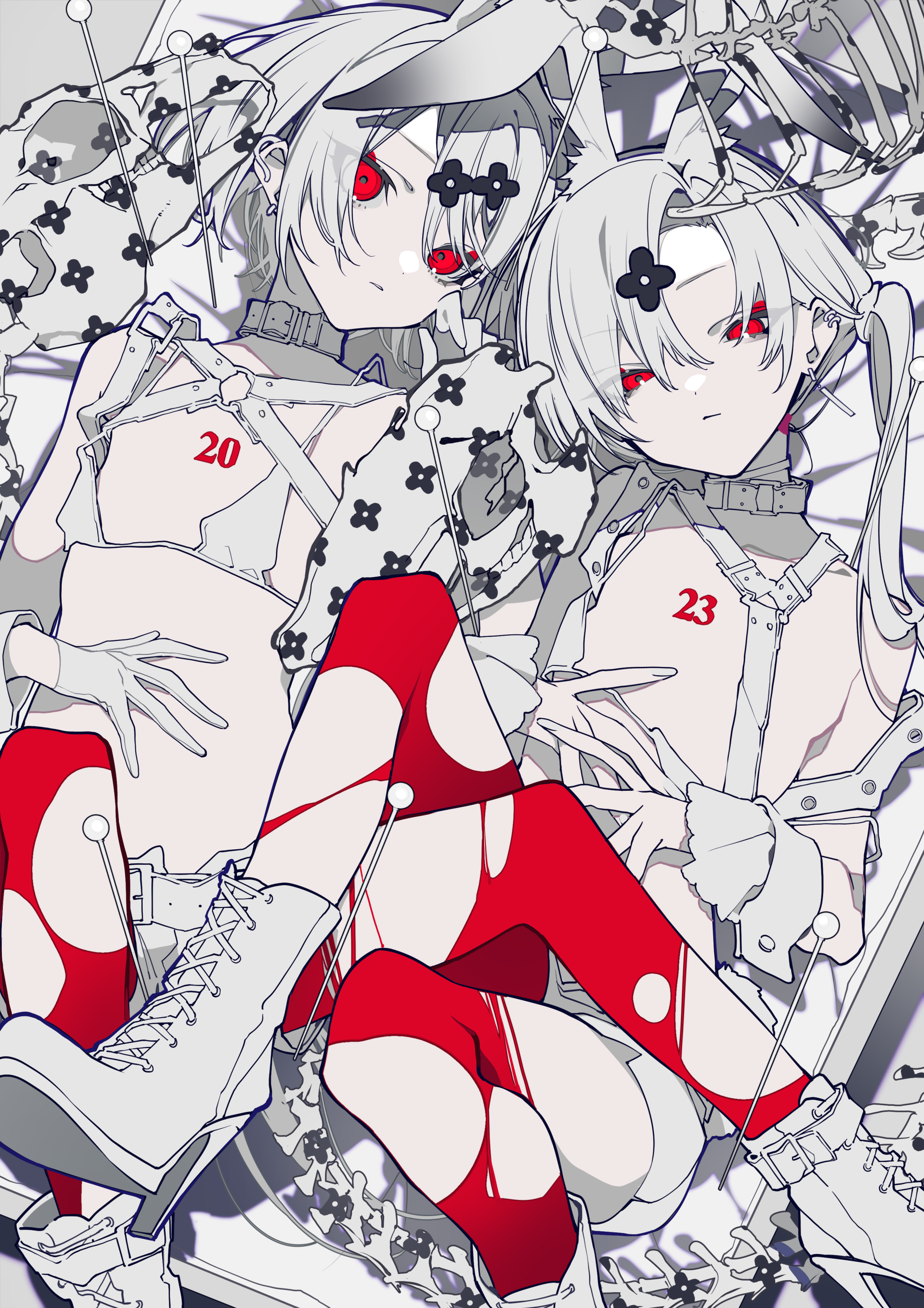 the image is of two animestyle girls with pale skin and red eyes. the girl on the left has bunny ears and is wearing a white outfit with the number "20" on it. she has a black eyepatch with clover designs. the girl on the right has white hair styled in pigtails and is also wearing a white outfit with the number "23" on it. both girls are wearing red thigh highs with geometric cutouts and harnesses. they appear to be reclining or sitting close to each other, surrounded by pins and other decorative elements. the color palette is primarily monochrome with the exception of the red in their eyes and stockings.