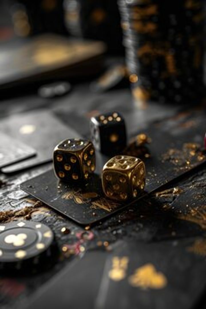 three golden and black dice sit atop a black and gold playing card, surrounded by other cards and poker chips, all bathed in a dim, luxurious light.