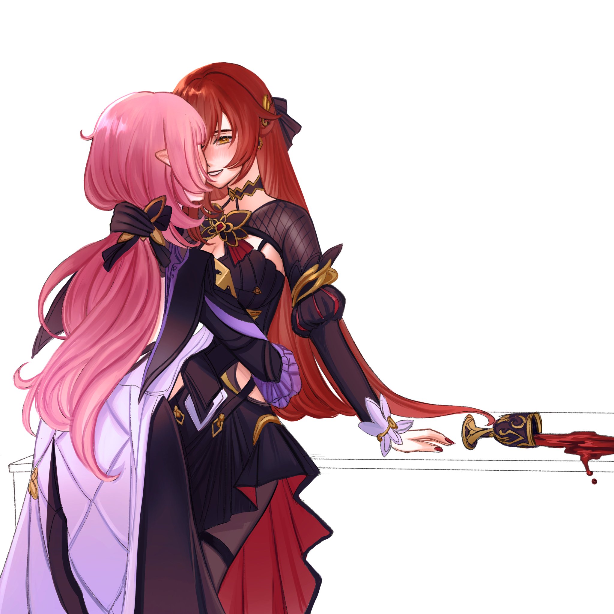 the image shows two anime girls with long hair, one with red hair and the other with pink. they are wearing black and purple dresses and are holding each other. there is a spilled goblet of red wine in the background. they are looking at each other with love and are about to kiss. the image is drawn in a vibrant color palette with bold lines.