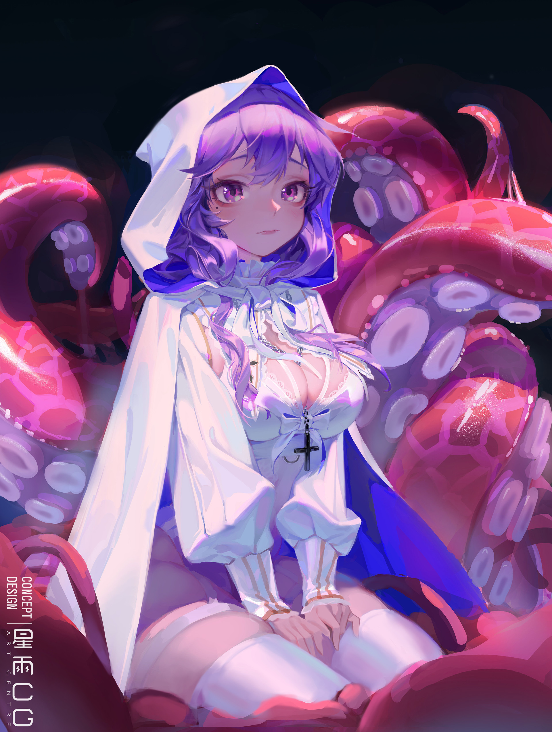 the image is a digital painting of an animestyle girl. she has long purple hair, and is wearing a white hooded cloak and dress with long sleeves and what appears to be thighhigh socks.  her clothing has a somewhat ecclesiastical or nunlike aesthetic, but she is sitting on what appears to be a large, vibrant pink octopus or squid with numerous tentacles.  the overall style is a blend of cute and mysterious, with glowing, vibrant colors that create a magical and fantastical atmosphere. the artist's signature is visible in the bottom left corner.
