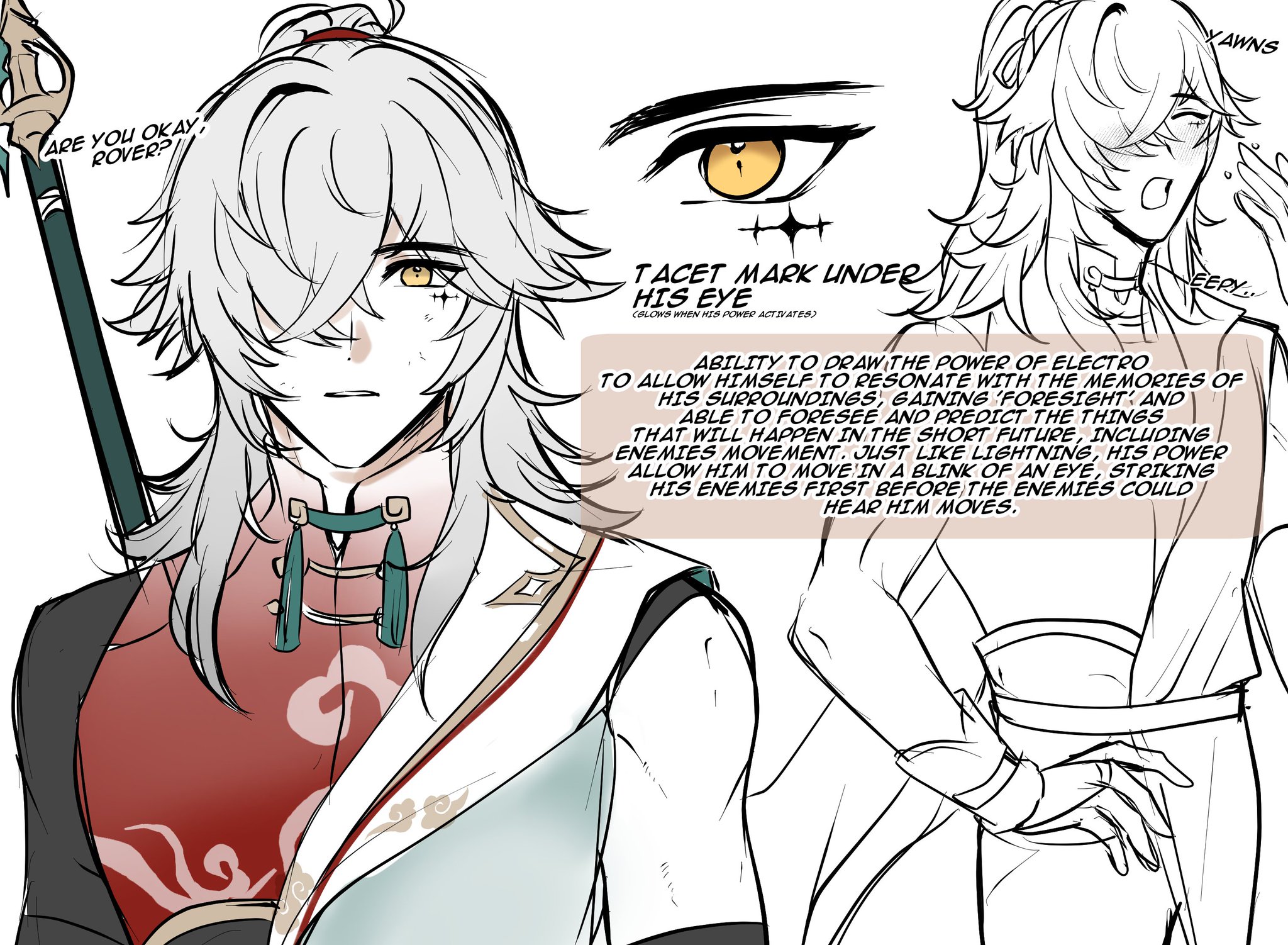 this image is a digital illustration of scaramouche from the popular video game, genshin impact. he is drawn in a semirealistic style with attention to detail on his facial features, particularly his eye, which has a prominent scar. he is wearing his signature outfit, a long white and red robe with a green accent, while his white hair is styled in a bun.  the image also includes a speech bubble containing information about his power and ability, specifically his ability to draw on the power of electro to enhance his perception and speed, making him a formidable opponent.
