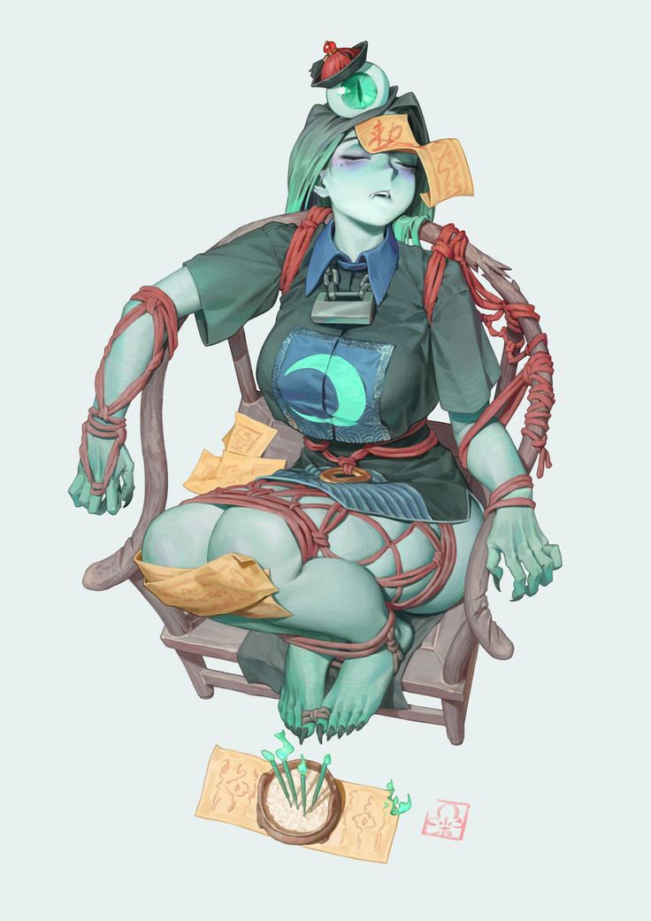 the digital artwork showcases a stylized female figure with green skin, bound and seated on a rustic wooden chair.  she's adorned with various asianinspired elements, including paper charms with chinese characters, an eye amulet on her head, and ropes intricately tying her wrists, legs, and body. her expression appears serene or sleepy. the scene suggests a ritualistic or occult context, with an incense burner and more charms placed on the floor near her feet. the art style leans towards anime or manga, but with a unique blend of fantasy and a somewhat unsettling atmosphere. the overall colour palette is muted, using varying shades of green, brown, and beige.