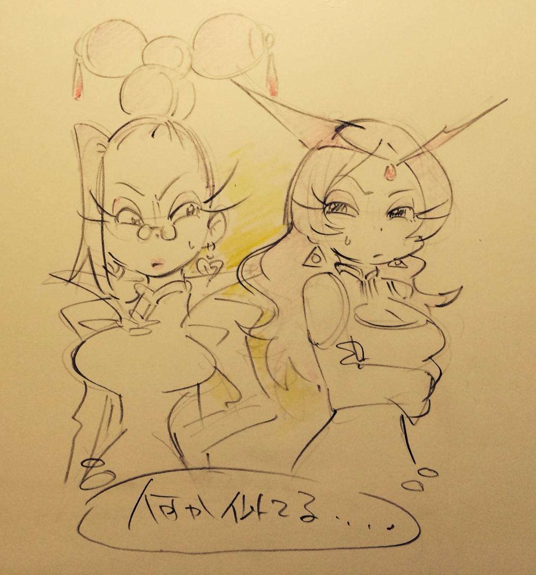it appears to be a sketch of two female cartoon characters. they appear to be drawn in an anime style. the text at the bottom of the drawing is in korean.