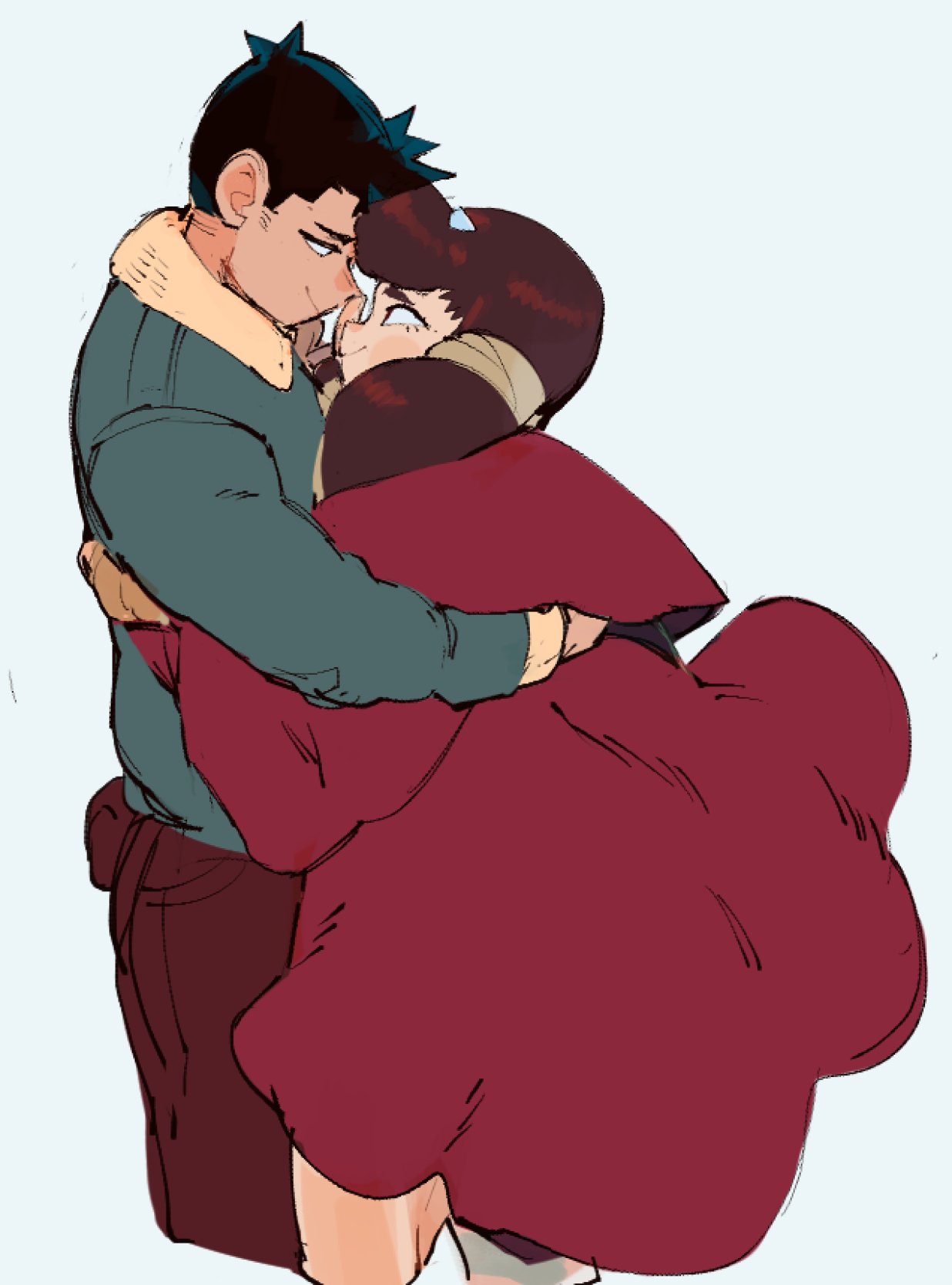 a digital illustration of a young anime couple, both dressed in casual clothing. the boy, dressed in a green jacket and brown pants, has his arm around the girl's shoulders. the girl, wearing a red dress, has her head leaning on the boy's shoulder. they both appear to be looking at each other, their expressions filled with love and affection. the picture evokes a sense of comfort and closeness. the overall tone of the image is tender and intimate, suggesting a strong and supportive relationship.
