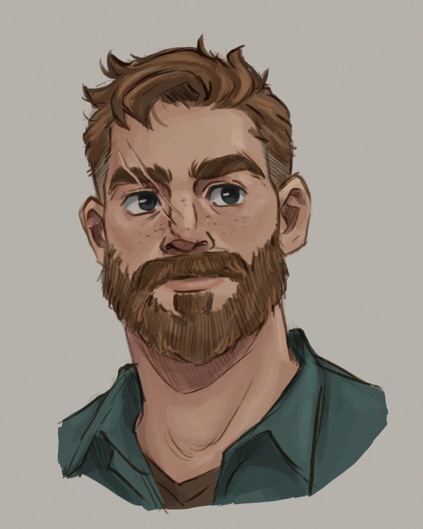 a digital painting of a man's head and shoulders. he has short, slightly unkempt brown hair, a full brown beard and stubble, and a noticeable scar across his left cheek.  he has freckles and expressive eyes, giving him a rugged yet handsome appearance. he's wearing a teal or dark green buttondown shirt, appearing casual and relaxed. the style is realistic, though slightly stylized, with soft brushstrokes and attention to detail in the hair and facial features. the background is a simple, neutral gray.