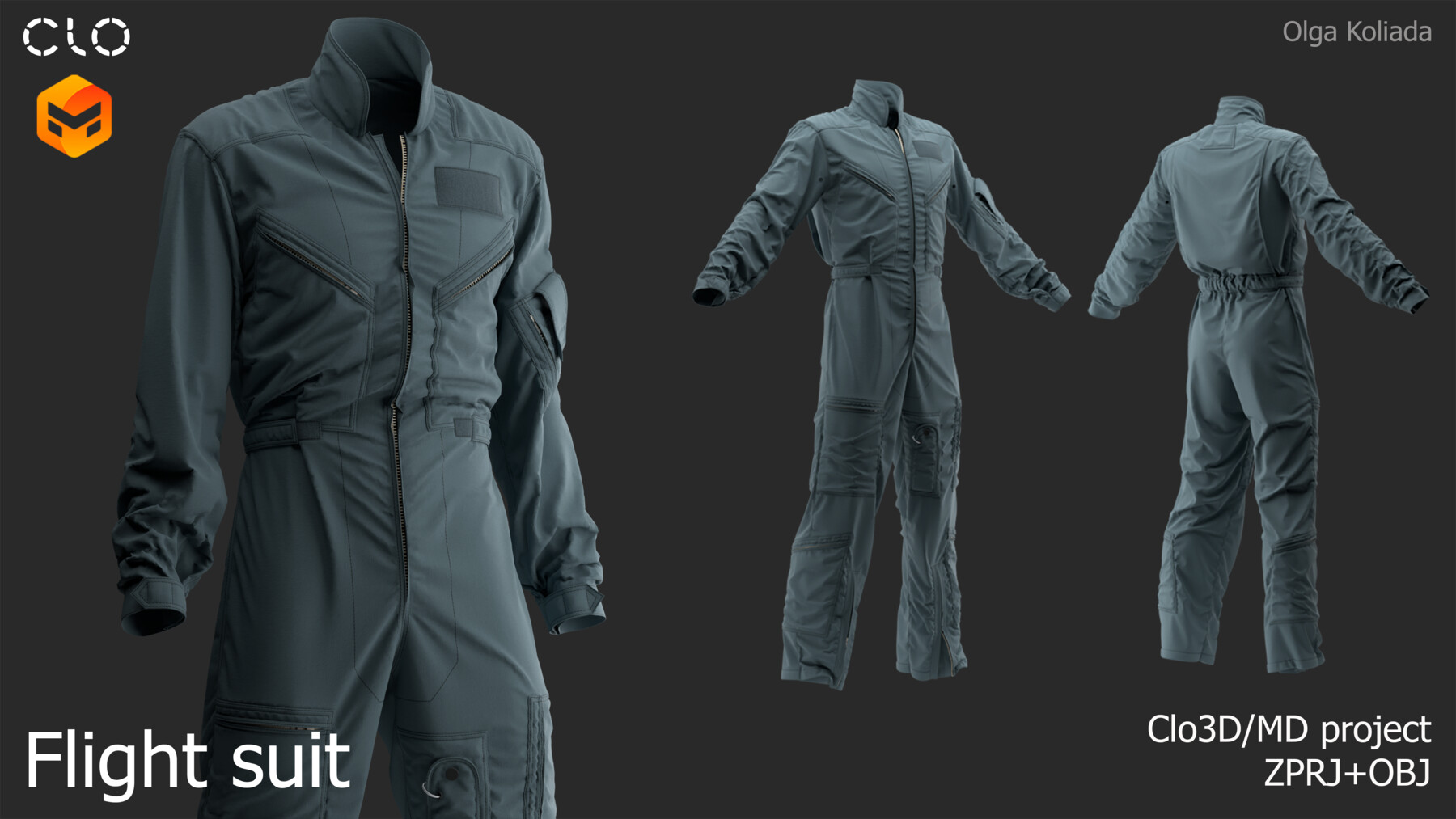 a 3d render of a flight suit in grey with zipper and pockets details. the image shows the suit from front, back, and side views. the suit is modeled with realistic texture and lighting.