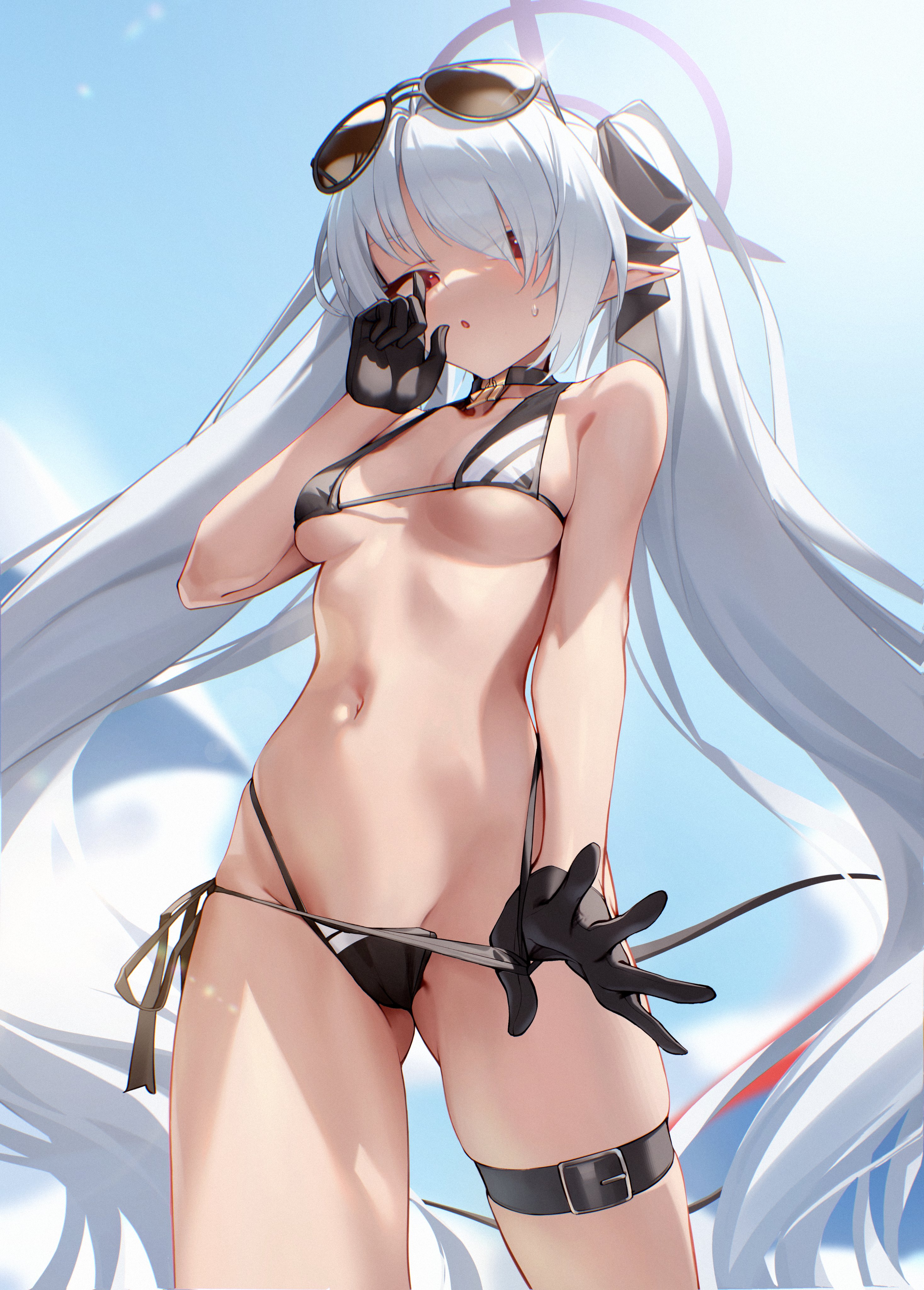 the image is a digital painting or illustration of an animestyle female character. she has long, flowing white hair styled in twintails,  wears sunglasses, a black and white striped bikini, black gloves, and a black garter belt. she appears to have small horns and possibly other subtle demonlike features. her pose is suggestive, and she is positioned against a light blue sky background, implying a beach or sunny outdoor setting.  the overall style is highly stylized and detailed, common in anime and manga artwork.