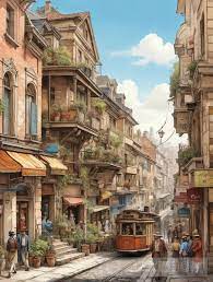 the image depicts a quaint european street lined with old buildings. the street is paved with cobblestones and has a tram running down the center. the buildings are adorned with balconies and window boxes filled with flowers. there are people walking on the sidewalk and shopping in the stores. the sky is blue and sunny, with fluffy white clouds. the overall scene is charming and picturesque, evoking a sense of oldworld charm and nostalgia.