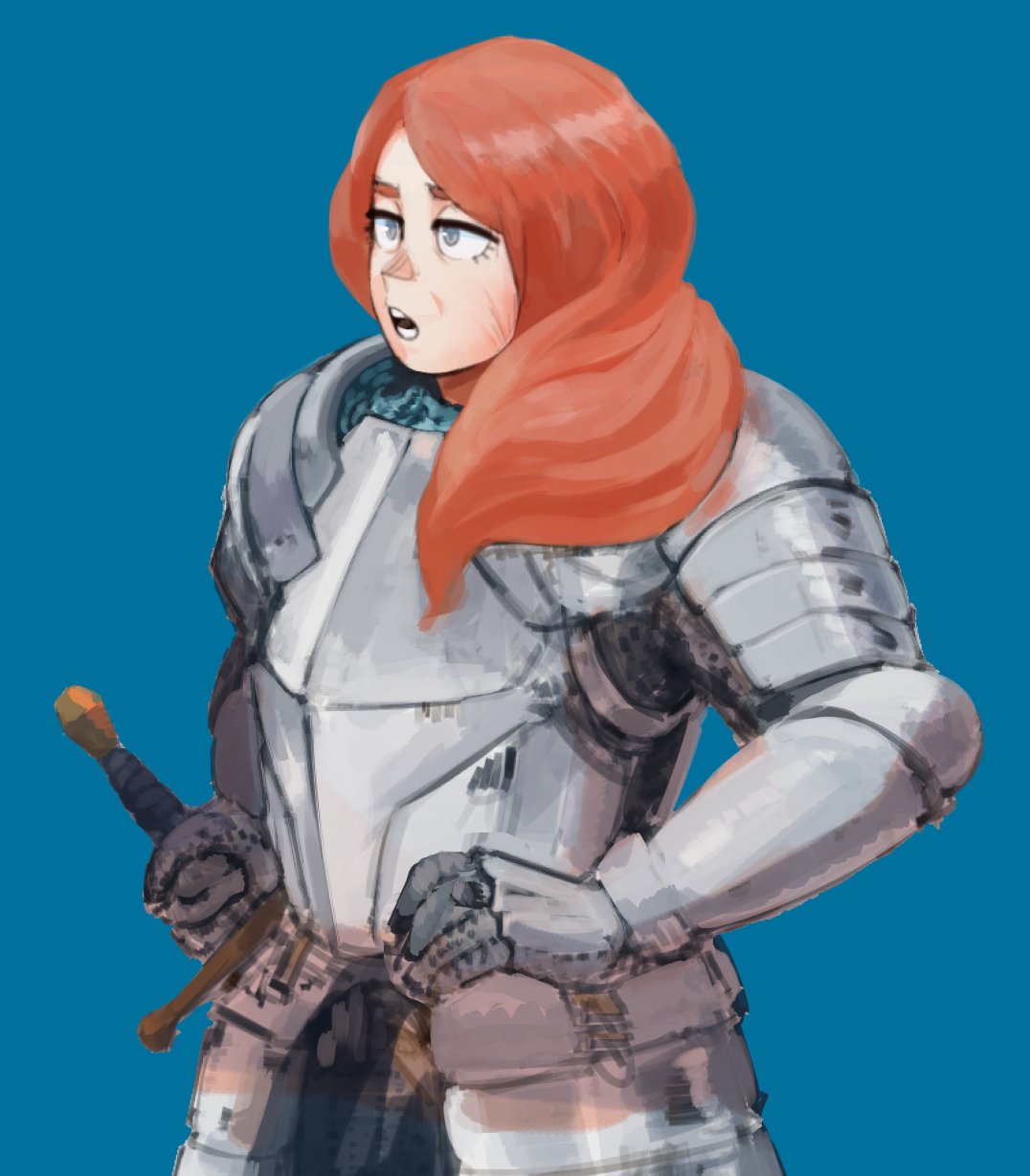a digital illustration of a female knight with red hair and white armor. she is holding a sword in her left hand. her facial expression is serious and determined. the background is a solid blue color. the art style is simple and stylized.