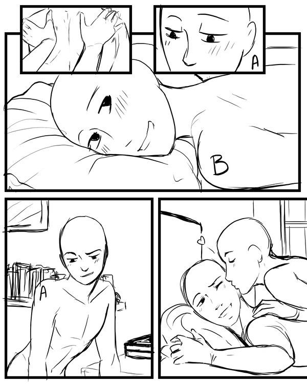 this is a black and white comic strip with four panels showing a story of a man and a woman.  the first panel shows a close up of a man and a woman, possibly a couple, holding hands and their bodies intertwined.  the second panel