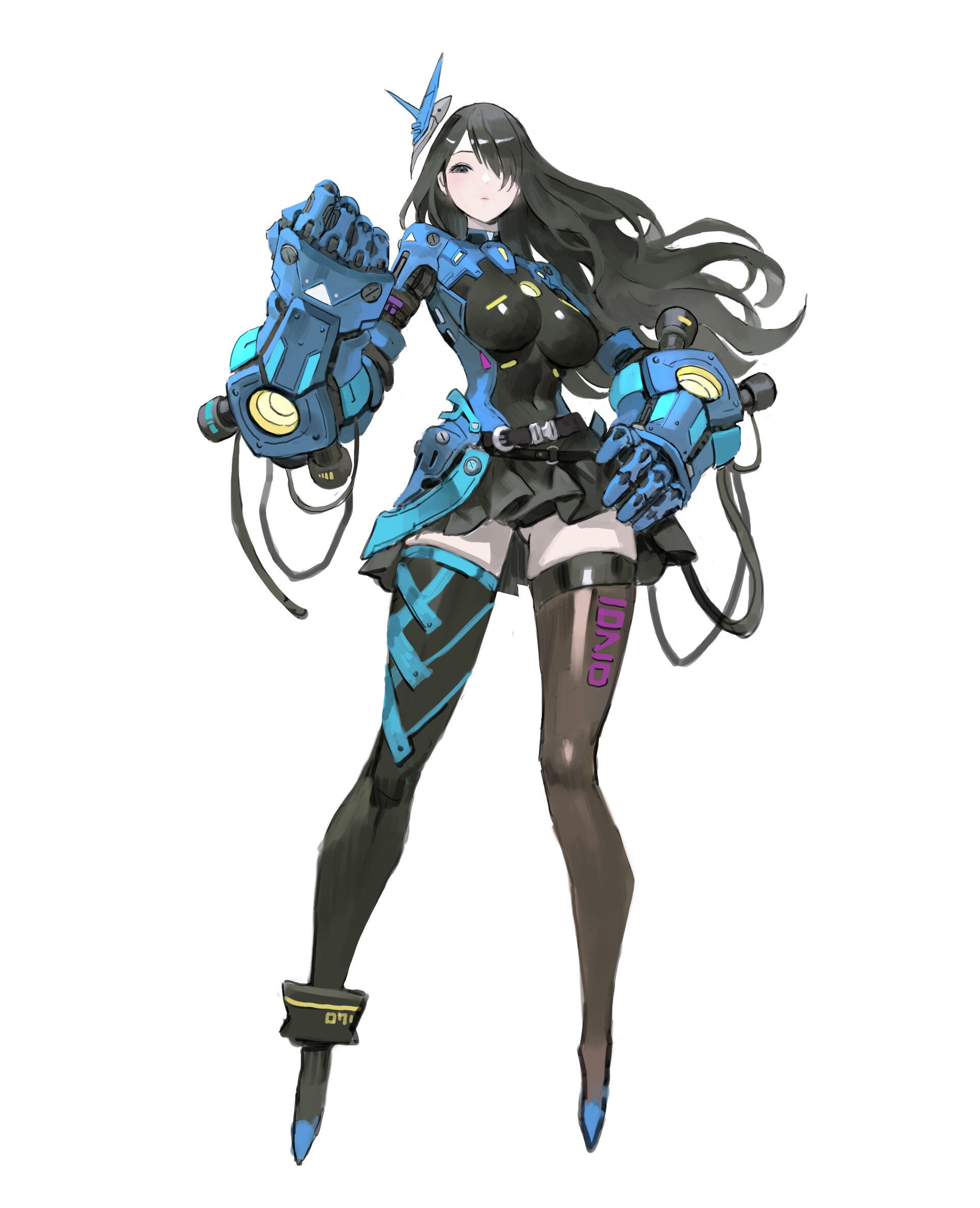 a full body illustration of a fantasy, anime style woman in a futuristic combat outfit with robotic gauntlets. she has long black hair, a blue and black outfit, and is wearing thighhigh stockings. her outfit is scifi themed, and her pose is dynamic. she wears headgear with a light blue design on it. her legs are different, one of them is covered with a thigh high stocking, while the other one is covered till mid leg with similar stocking.
