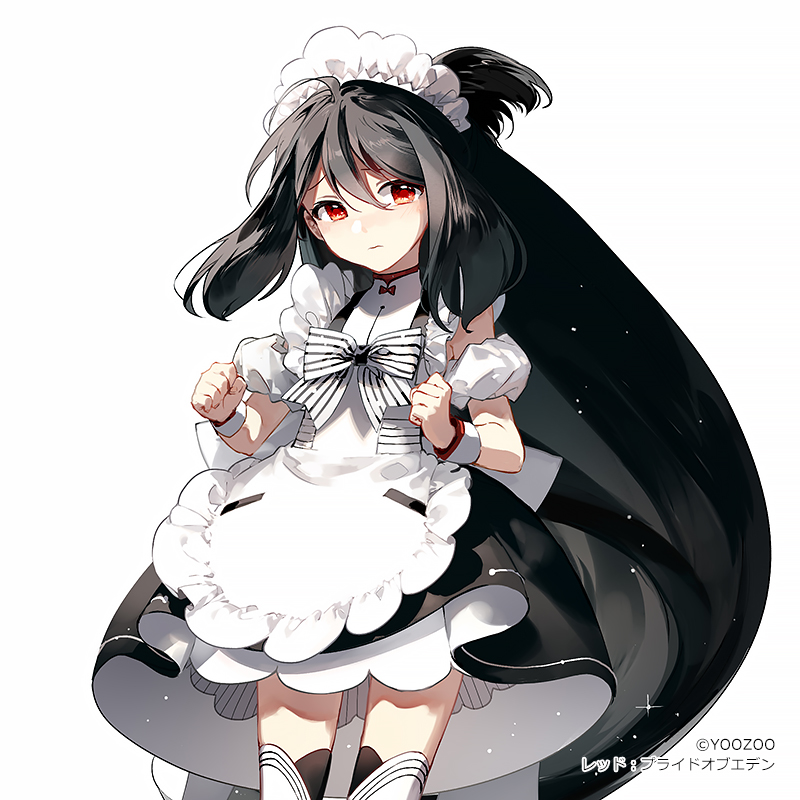 the image shows an animestyle girl wearing a maid outfit. she has long, black hair and red eyes. the maid outfit consists of a short, black and white dress with frills, a white apron, and a maid headpiece. she has a bow at the collar of her dress. she has small white gloves with a red band at the wrist. she is standing with her fists clenched.