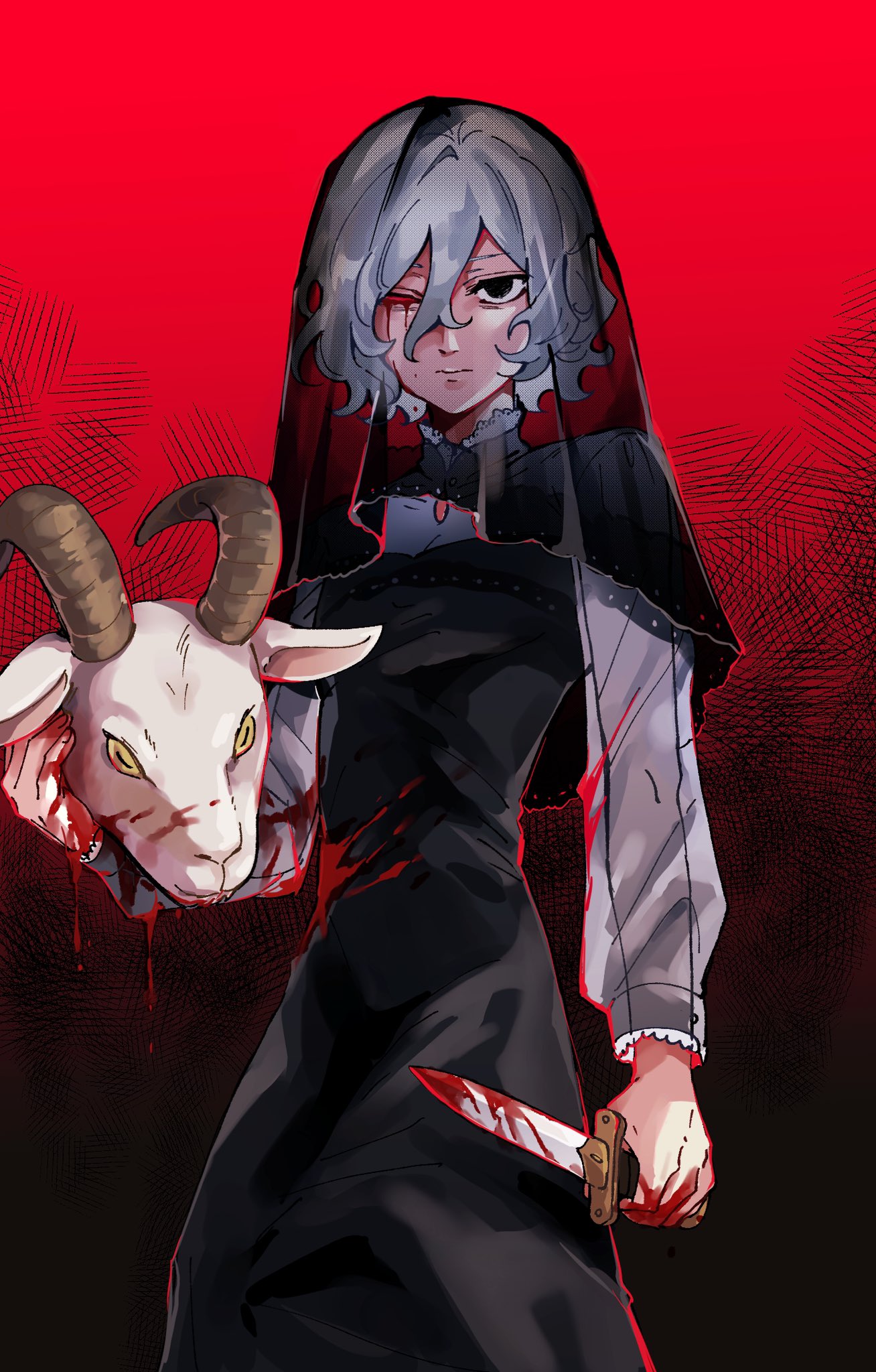 the image is a digital illustration of an animestyle girl with short, gray hair.  she's dressed in a dark, gothicstyle dress and veil, and is holding a bloodied goat's head in one hand and a bloody knife in the other.  blood splatters are visible on her dress.  the background is a deep red, adding to the overall dark and macabre atmosphere. the style is reminiscent of dark fantasy or horror illustration.