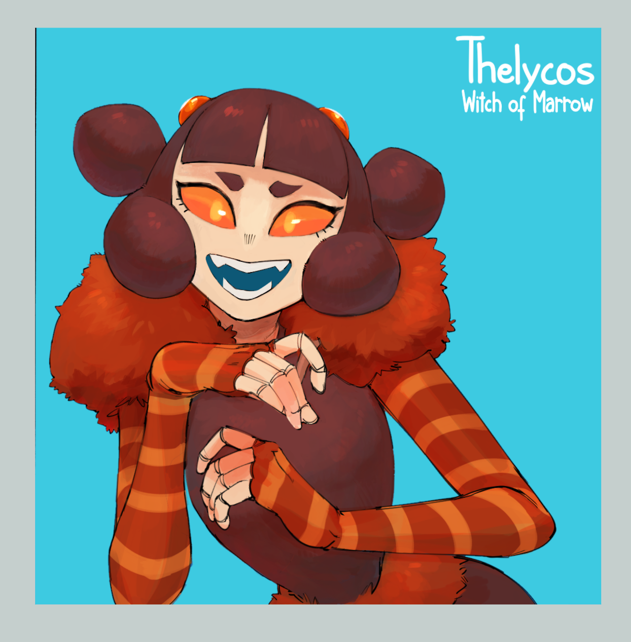 an animestyle digital illustration of a smiling female witch, with a spiderlike appearance, wearing an orange and red striped shirt and fluffy red fur. the character has black hair and large, orange eyes. the background is a light blue color. the text "thelycos" and "witch of marrow" is written in the top right corner of the image.