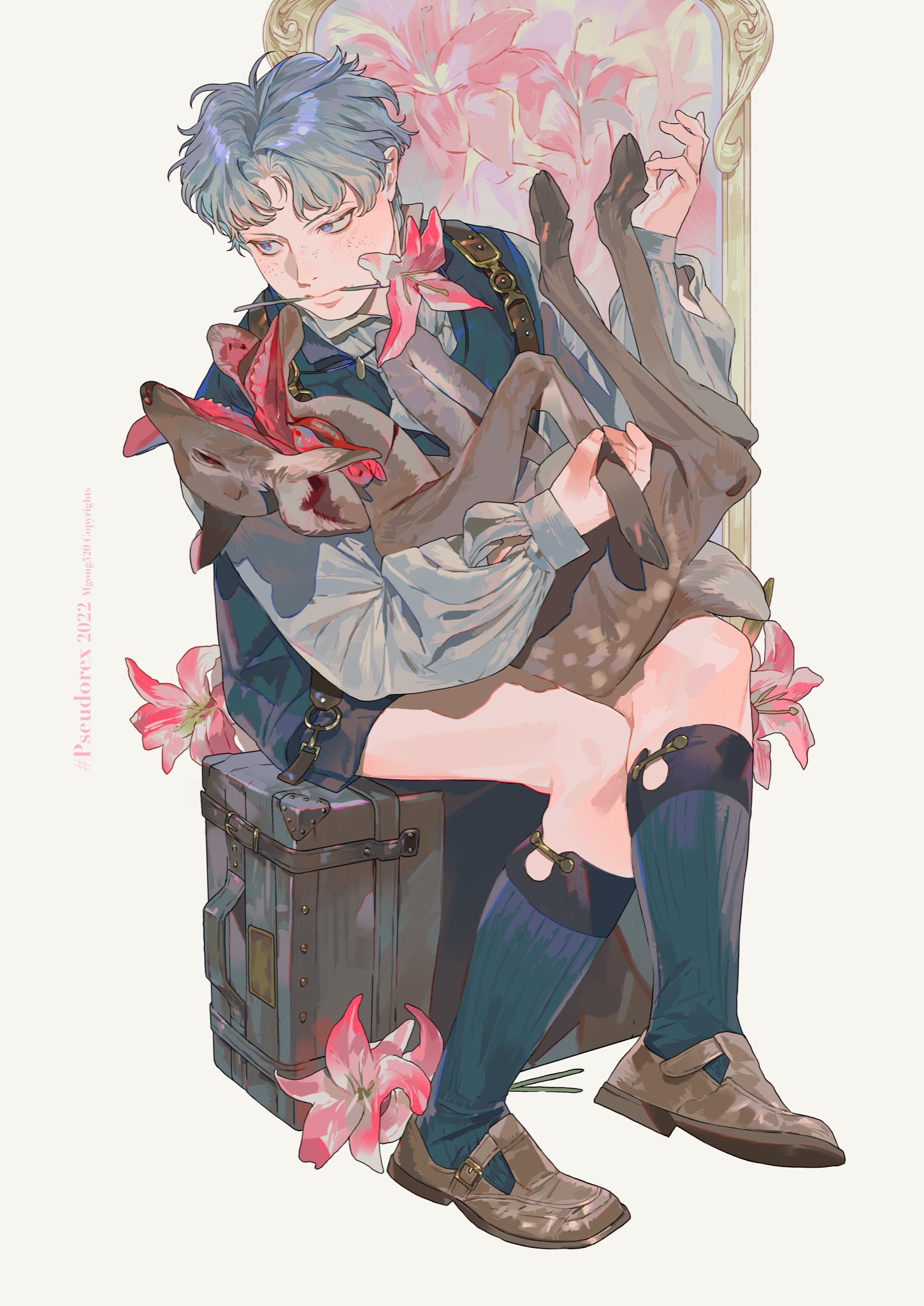 an illustration depicts a young man with blue hair sitting on a vintage trunk while holding a deer. he has fair skin and wears blue socks and brown shoes. pink lilies are scattered around him and in the background. the style is reminiscent of fantasy art.