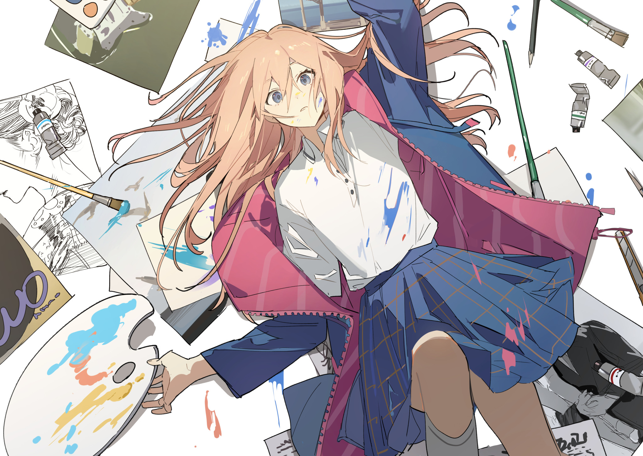 an animestyle image depicts a young girl, likely an artist, surrounded by art supplies and her creations. she has blonde hair and blue eyes and is wearing a school uniform consisting of a white buttondown shirt, a blue plaid skirt, and a navy blazer with a pink lining. the uniform is splattered with paint, indicating her involvement in an art project. she is holding a paint palette with various colors on it. around her are numerous drawings, paintbrushes, and tubes of paint, creating a sense of a messy, artistic environment. the artwork suggests she is a student and an artist.