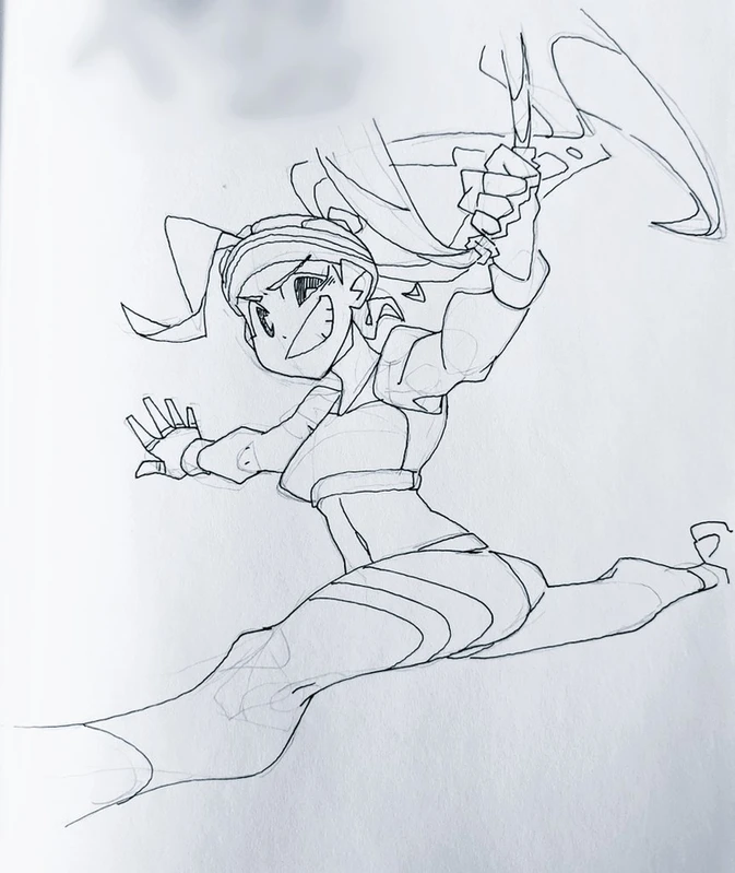 the image is a sketch of an anime girl in a dynamic pose, holding a weapon in her right hand. she has her left leg extended and her right leg bent, creating a sense of movement and action. her expression is determined and confident, and her hair is flowing behind her. the overall image is filled with energy and a sense of power.