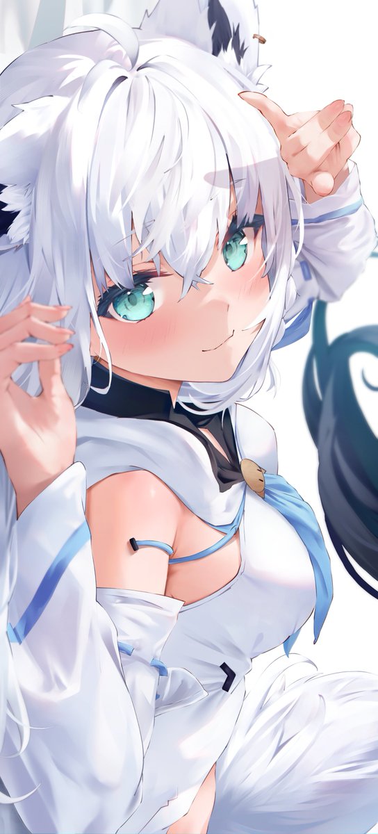 the image depicts a young, animestyle girl with long white hair and striking green eyes. she has cat ears atop her head, adding a playful element to her appearance.  she wears a white and blue outfit reminiscent of a sailor uniform, featuring a lowcut top and a blue ribbon tied around her neck. her pose is dynamic and playful, with one hand raised to her head and the other reaching out towards the viewer.  the background is a clean white, putting all the focus on the character.