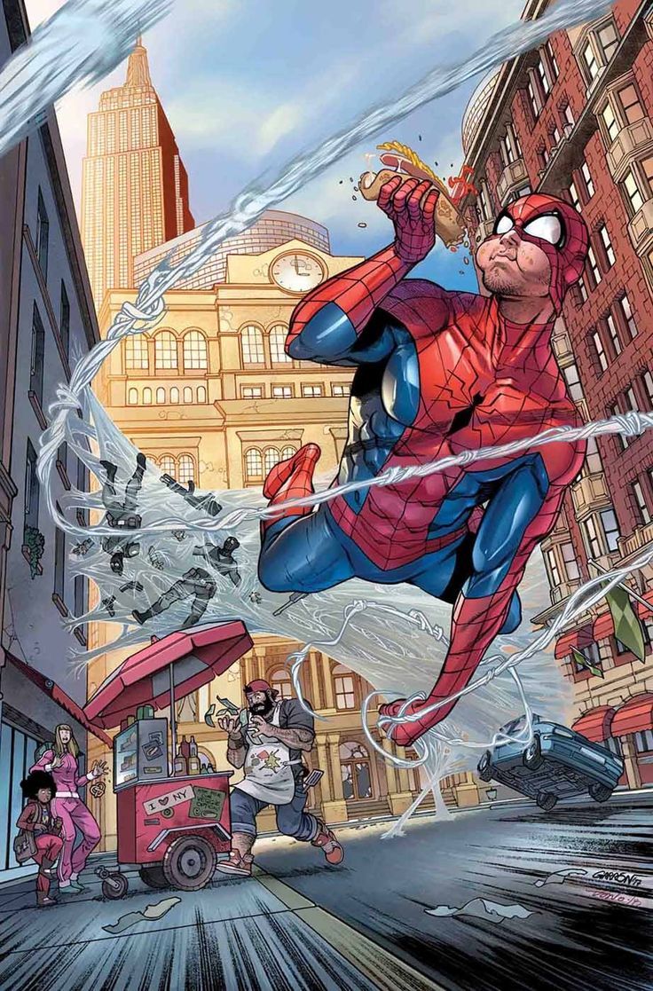 spiderman swings through the city streets of new york, a hot dog in his hand, with a street vendor and two women in the background. the background is filled with buildings and streetlights.