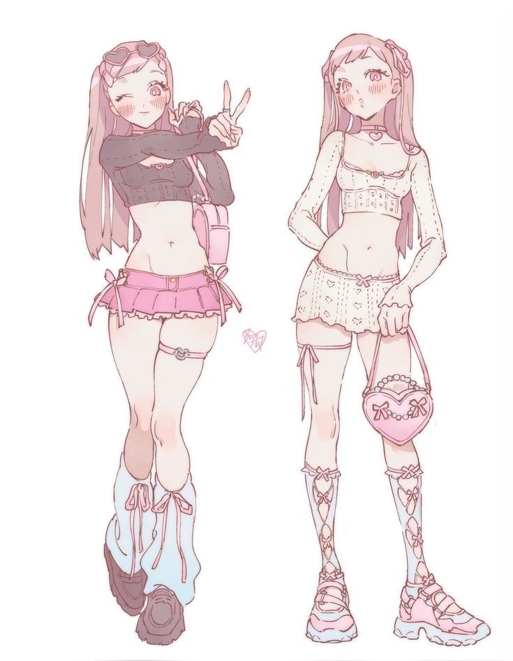this is an illustration of two anime girls with long pink hair. the one on the left is wearing a black and pink crop top, a pink mini skirt with a pink bow, and a pair of white socks with pink ribbons and a pair of sneakers. she is also holding a peace sign with her right hand. the girl on the right is wearing a white crocheted crop top, a white crocheted mini skirt, a pair of white socks with pink ribbons and a pair of sneakers, and she is holding a pink heart shaped bag in her right hand. both girls are smiling and blushing.