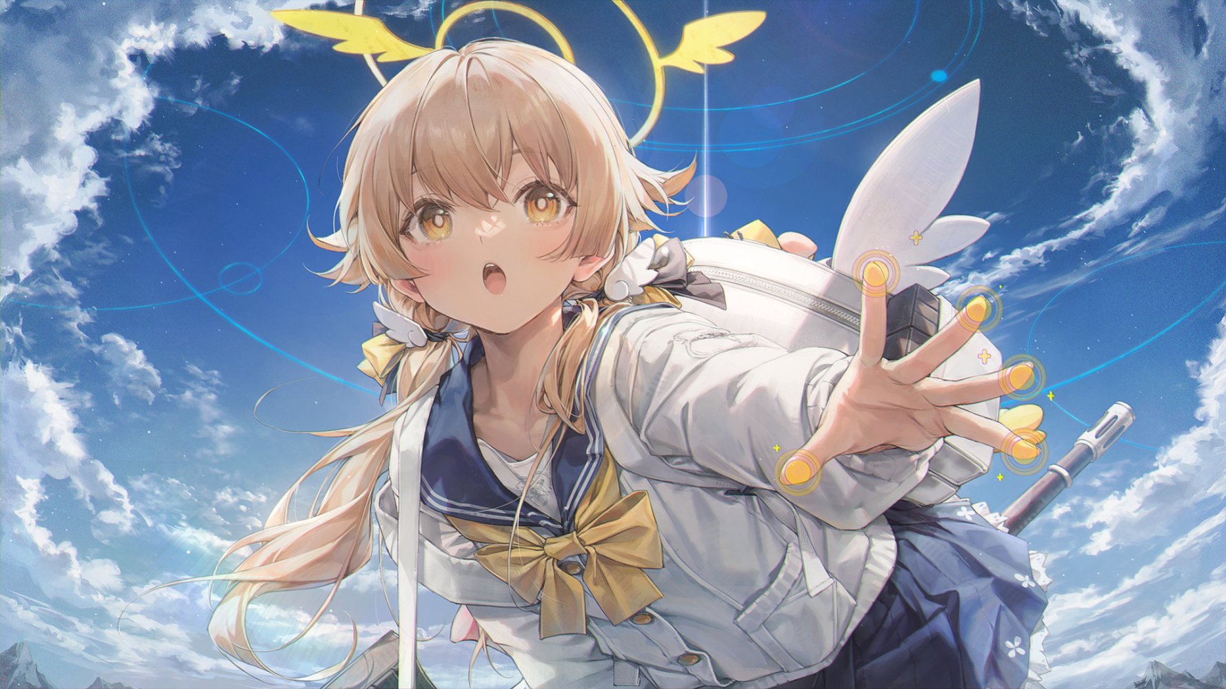 the image is a vibrant digital illustration of a young anime girl with long blonde hair styled in pigtails. she's wearing a sailorstyle uniform with a yellow bow and a white jacket.  she has small, goldenyellow wings and a halo above her head.  the girl has a surprised and happy expression, her hand outstretched toward the viewer. she carries a white backpack and a weapon (possibly a staff or sword) is visible behind her. the background is a bright, cheerful sky with fluffy white clouds. the overall style is fantastical and cute.
