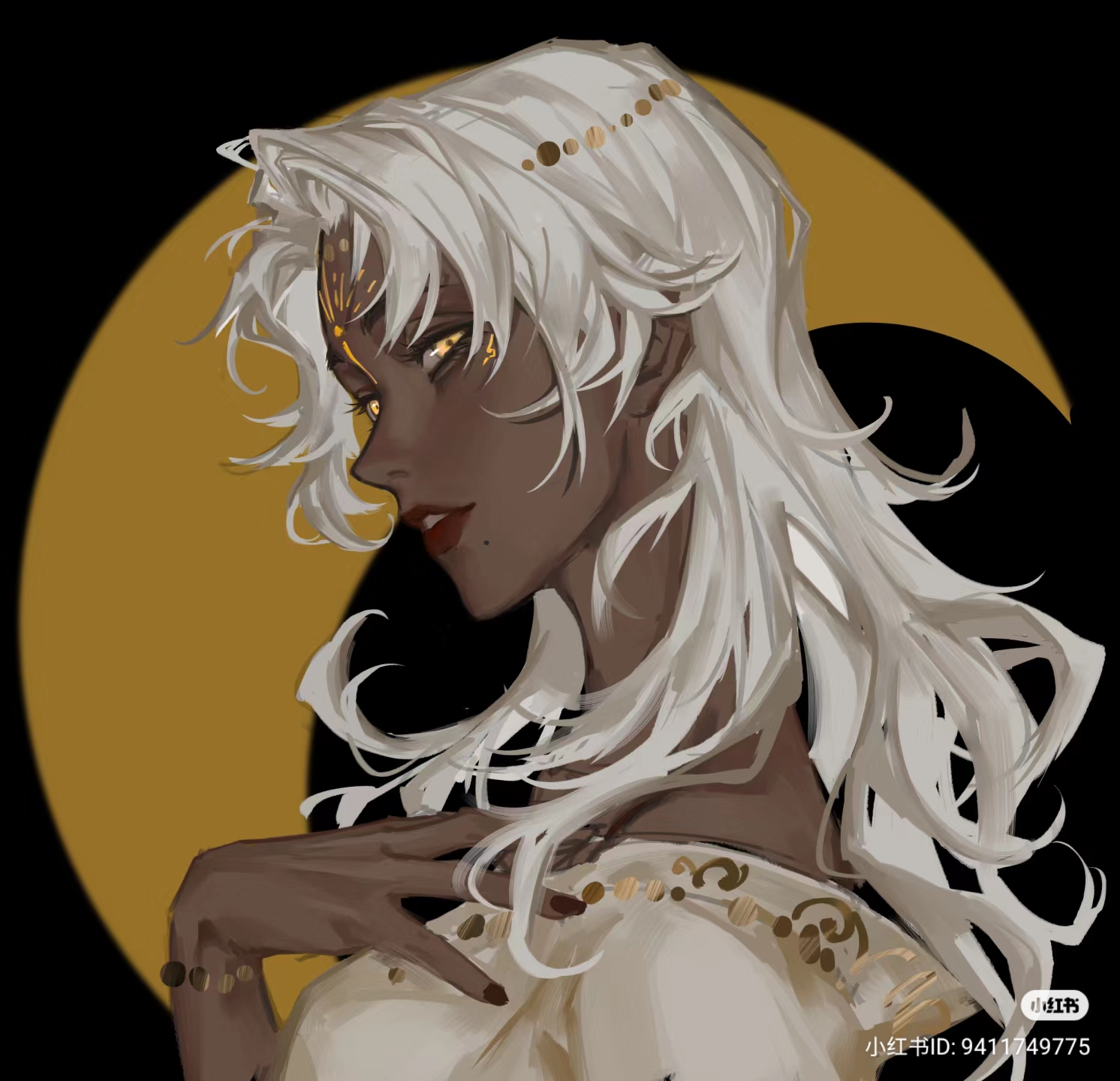 this is a digital artwork of a woman with flowing white hair and dark skin. she is positioned against a dark background with a large golden circle, reminiscent of a moon, behind her. she wears gold jewelry with a similar motif on her forehead and is adorned with a white and gold garment. the artwork has a soft and ethereal quality.