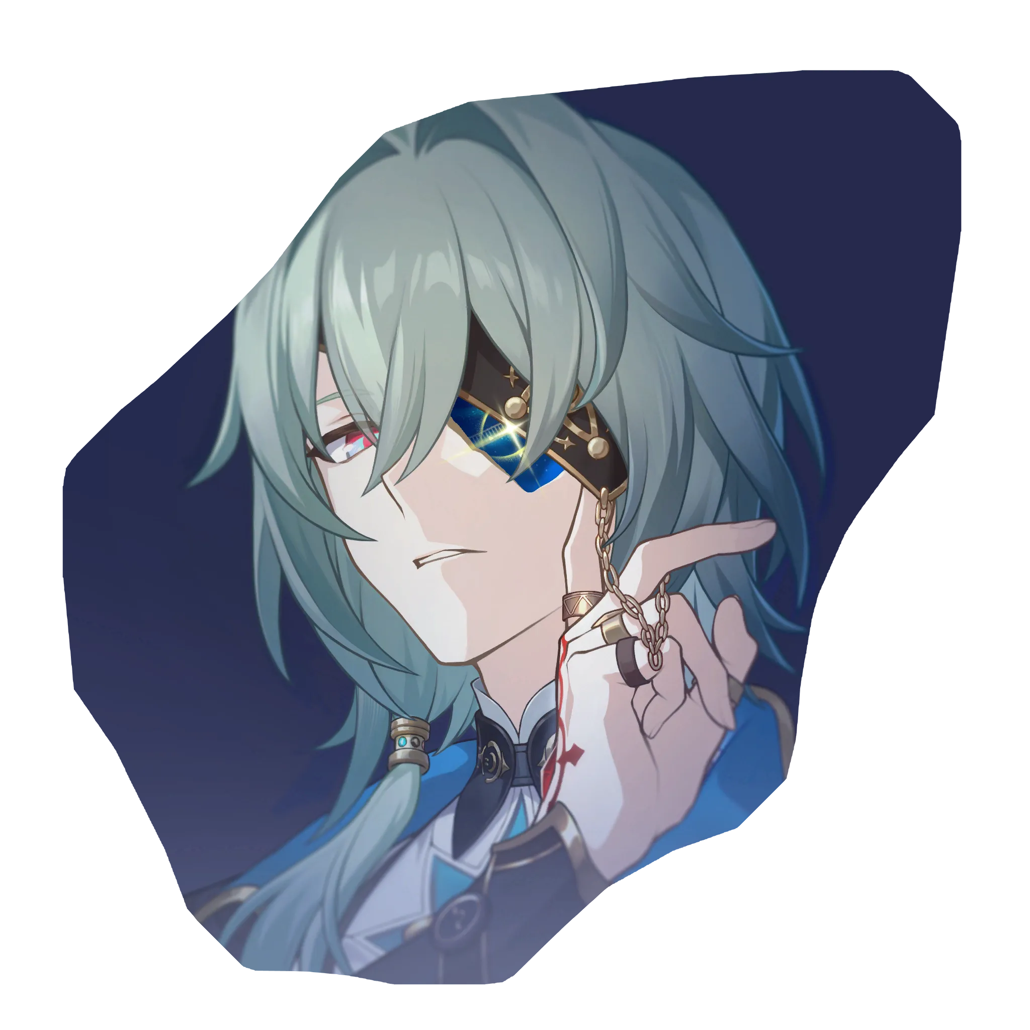 an animestyle male character with green hair covering one eye, the other eye is red, wearing a dark eyepatch with blue and gold details. he has several rings on his fingers, and a chain dangles from one of them. there appears to be blood on his hand. he is wearing a blue and white outfit with gold accents and has a serious expression on his face. the background is dark.